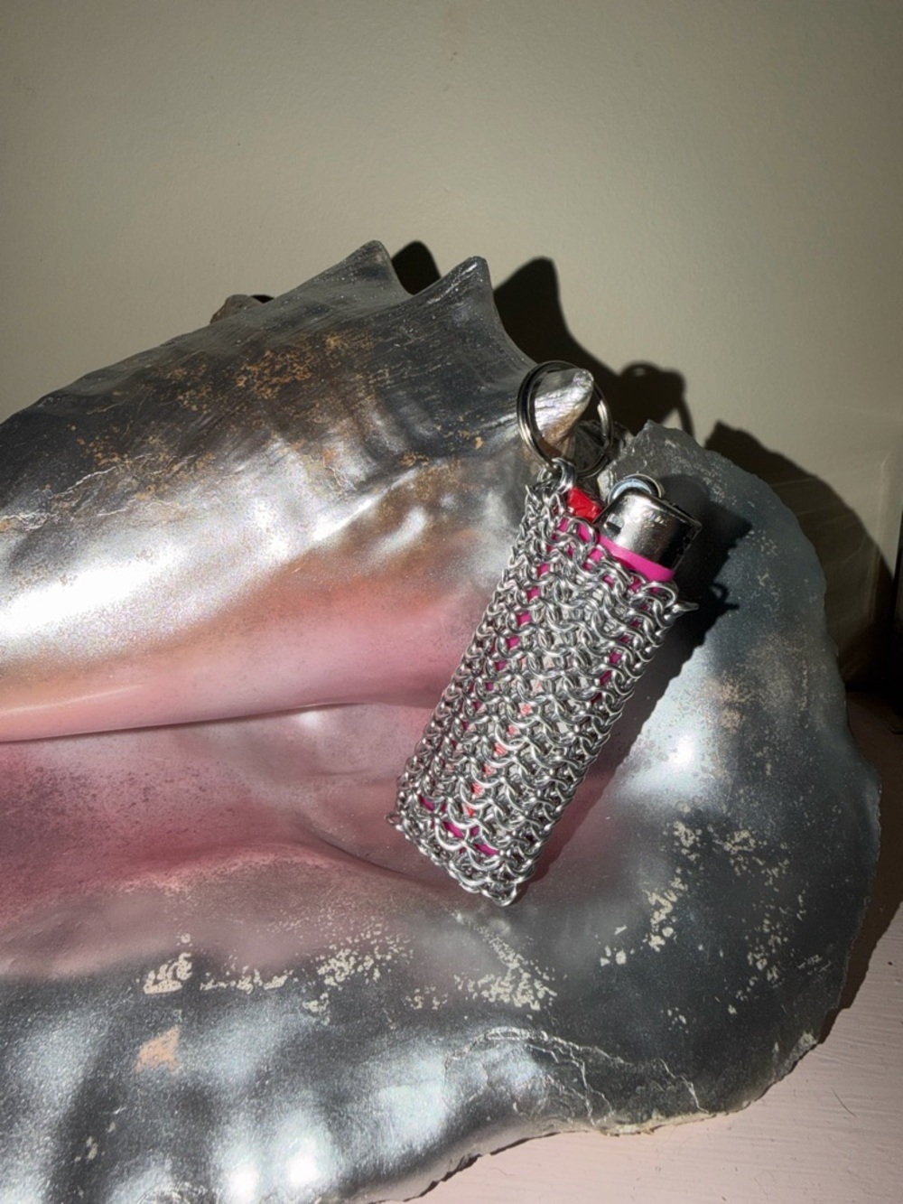 Chainmail Lighter Holder Keychain - Silver with Pink Accent